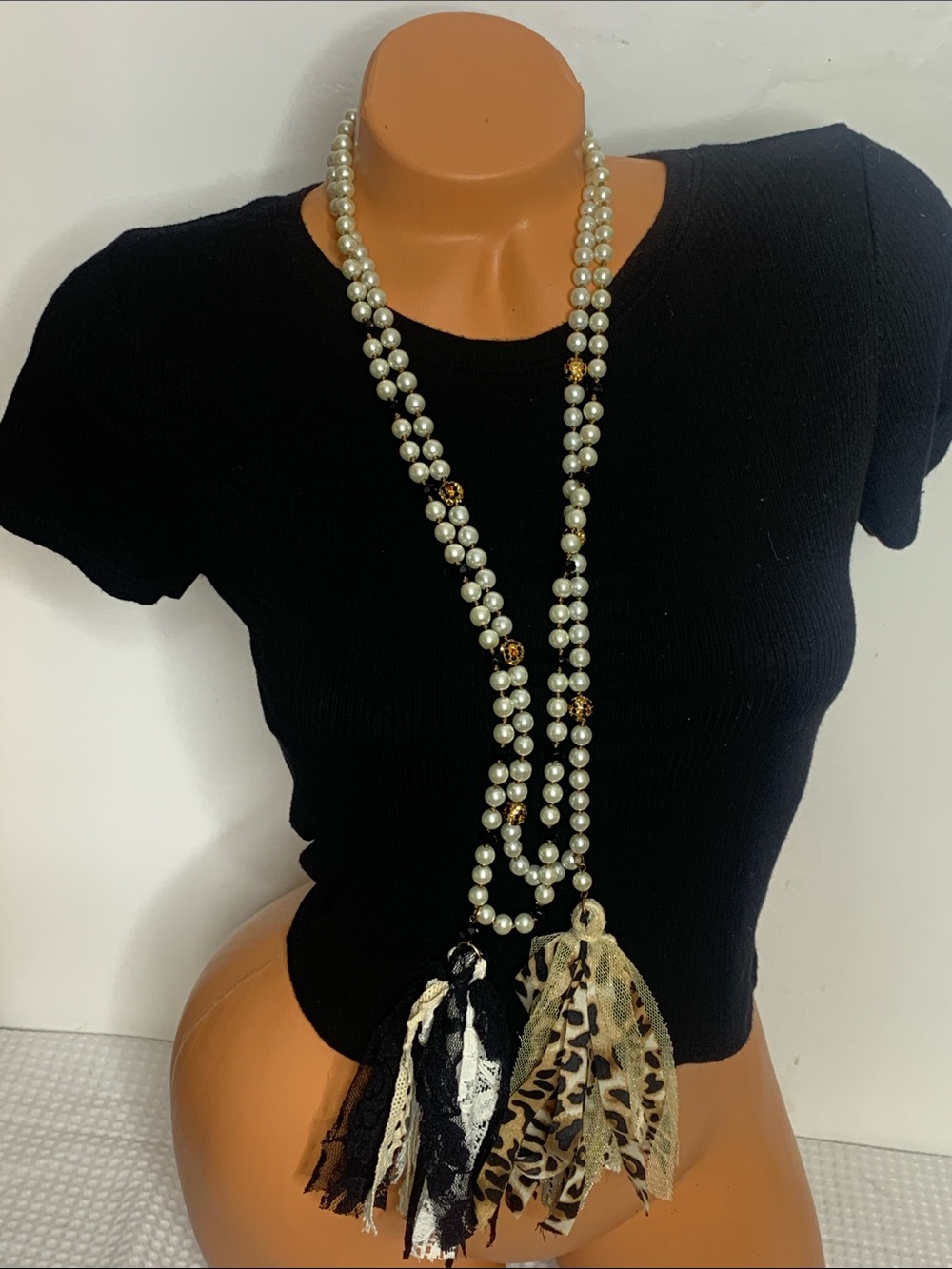 Foe Pearl bead  lace long length necklace bundle Goth witchy statement whimsey